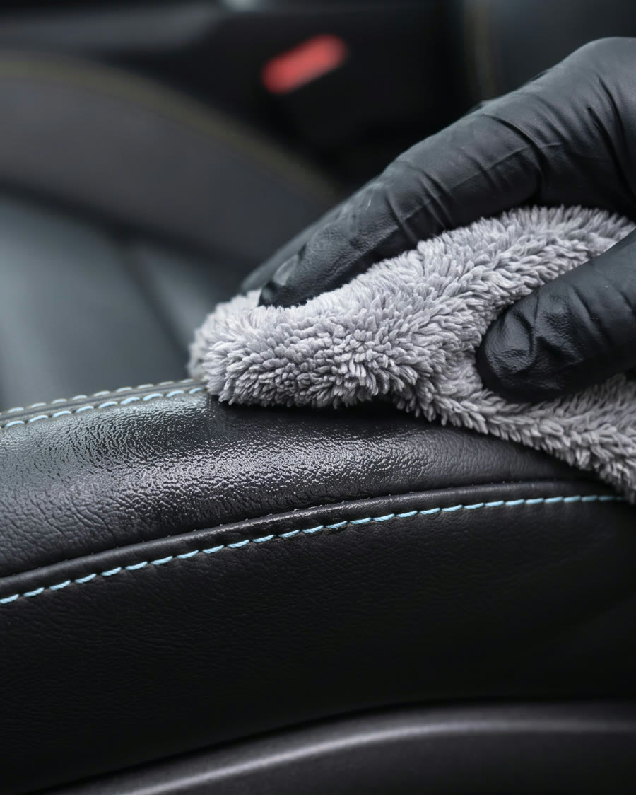 Leather seat being wiped with microfiber